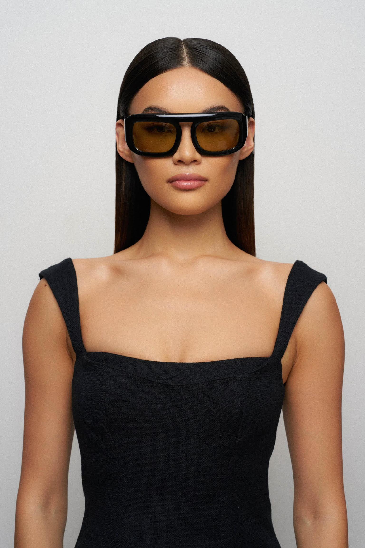 Aries Sunglasses in Gloss Black Olive Green Lenses by Elisa Johnson